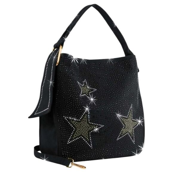 Handbags - Rhinestone Bling Stars Studs Denim Black Tote Shoulder Handbag Purse